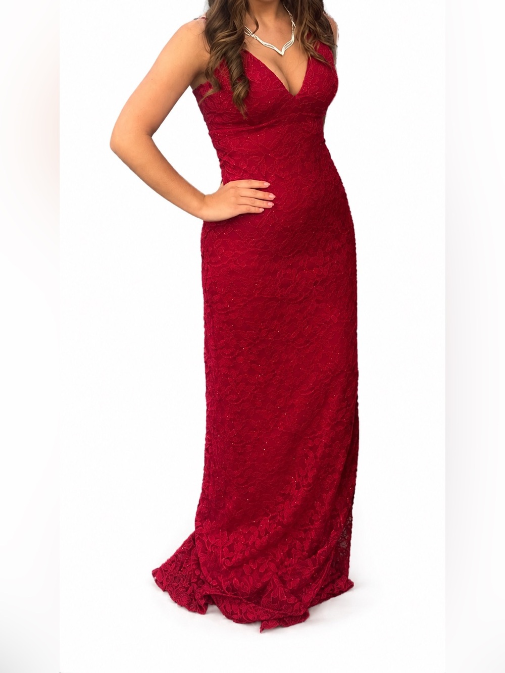 Windsor Red Lace V-Neck Formal Prom Dress